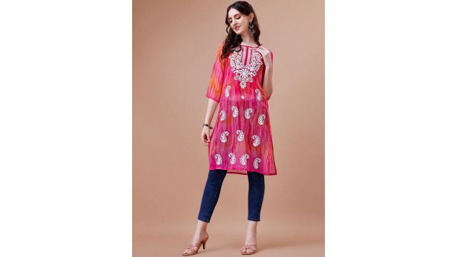 KALINI Pailey Embroidered Chikankari Shadow Work Georgette Straight Kurta