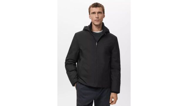 MANGO Man Quilted Water Repellent Jacket (Black, Hooded)