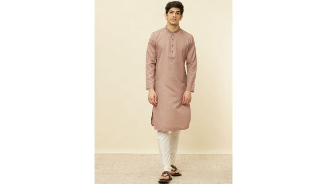 Manyavar Striped Mandarin Collar Regular Straight Kurta with Pyjamas