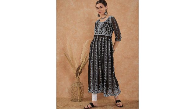 Maroosh Ethnic Motifs Embroidered Chikankari Pure Georgette Chikankari Kurti