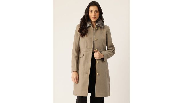 Okane Faux Fur Collar Single-Breasted Parka Coat (taupe)