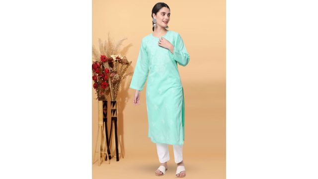 PARAMOUNT CHIKAN Women Sea Green & White Embroidered Cotton Chikankari Kurta