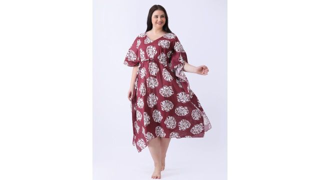 Qurvii+ Women Maroon Cotton Printed Long Kaftan Night Dress