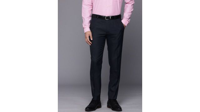 Raymond Men Textured Checked Slim Fit Formal Trousers (Navy)