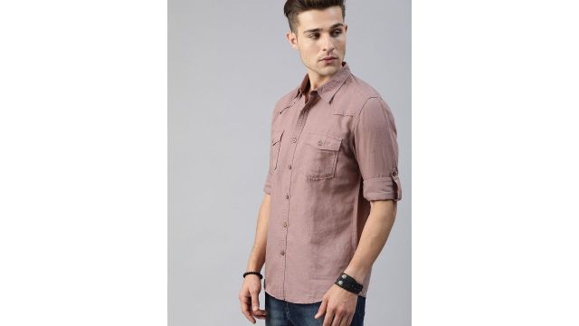 Roadster Men Mauve Regular Fit Solid Cotton Linen Casual Shirt