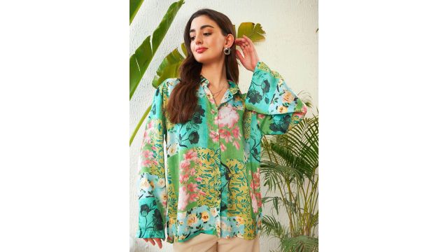SASSAFRAS Green Floral Printed Satin Oversized Casual Shirt