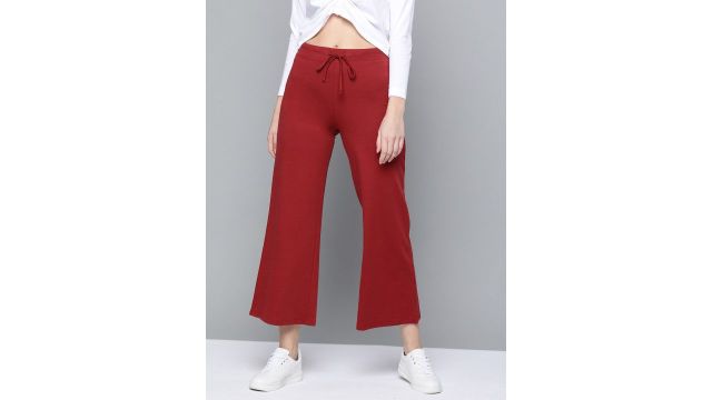 SASSAFRAS Women Red Solid High-Rise Cropped Wide Leg Track Pants
