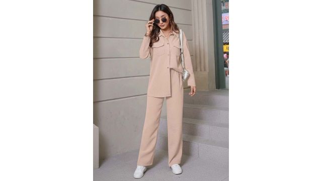 SZN Casual Solid Cream Shirt Set