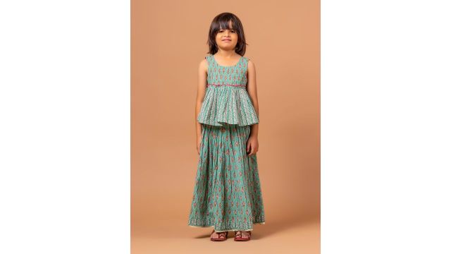 Sangria Girls Block Printed Pure Cotton Lehenga Choli