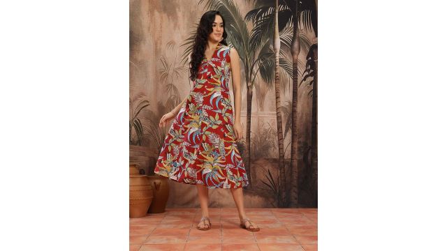 Sangria Tropical Printed V-Neck Pure Cotton A-Line Dress