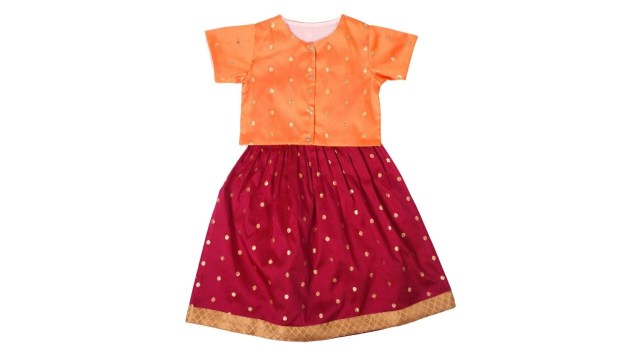 SangriaGirls Maroon Zari Lehenga and Orange Blouse Lehenga Set