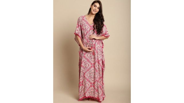 Secret Wish Ethnic Motifs Printed V-Neck Pure Cotton Maternity Maxi Kaftan Nightdress