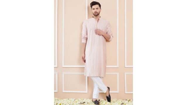 See Designs Striped Embroidered Thread Work Chanderi Silk Straight Kurta With Pyjamas