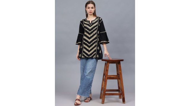 Seva Chikan Ethnic Motifs Embroidered V-Neck Flared Sleeves Chikankari Handloom Chikankari Kurti