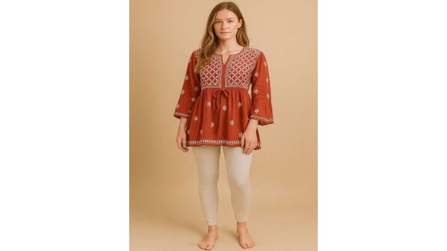 Silakaari Women Red Viscose Rayon Embroidered A-Line Kurti