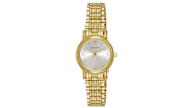 Sonata Quartz Analog Silver Dial Gold Metal Strap Watch