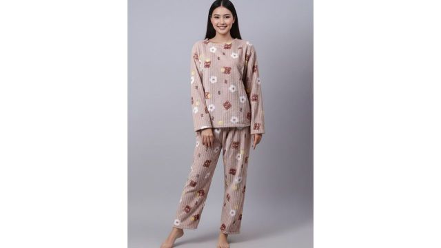 Stem Rope Women Brown Printed Bear Nightdress Set