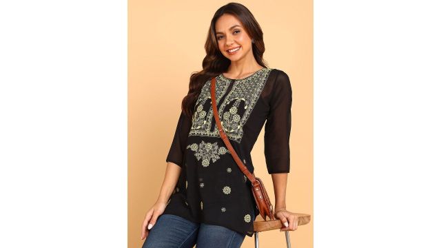 TOP N THREAD Floral Embroidered Chikankari Pure Georgette Chikankari Kurti