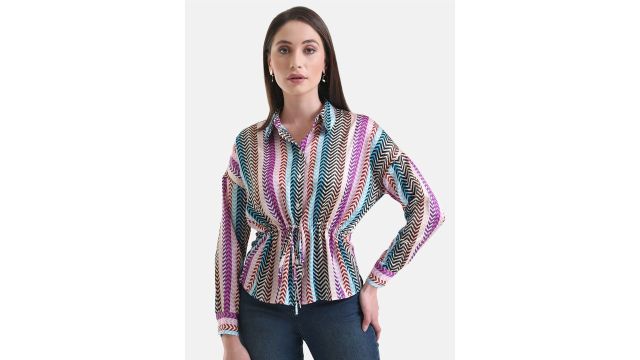 Women Chevron Printed Drawstring Casual Shirt