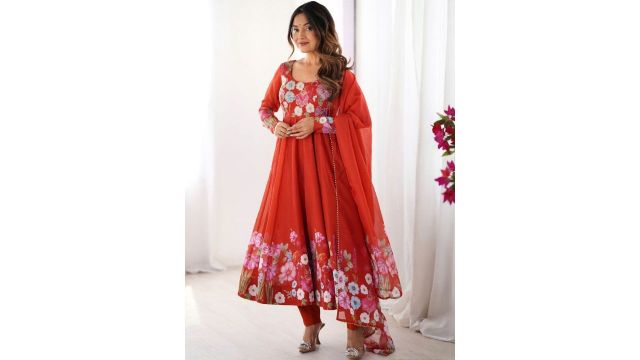 Women Floral Printed Round Neck Long Sleeves Anarkali Kurta