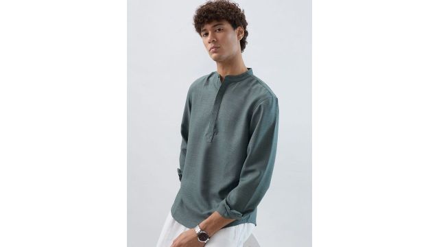 green band-collar straight kurta