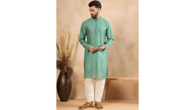 sea-green ethnic motifs thread work Liva kurta