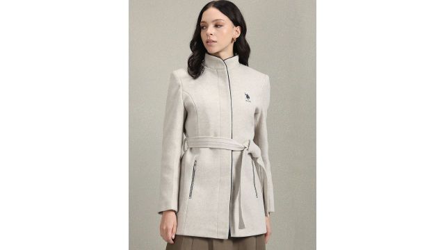 U.S. Polo Assn. Women Stand Collar Longline Wrap Coats (beige)