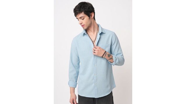VASTRADO Men Sky Blue Slub Textured Shirt