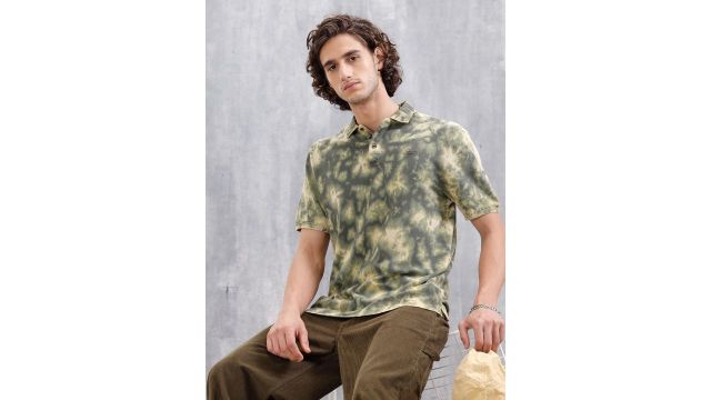 WROGN Men Tie and Dye Relaxed Fit Cotton T-shirt (Polo Collar)