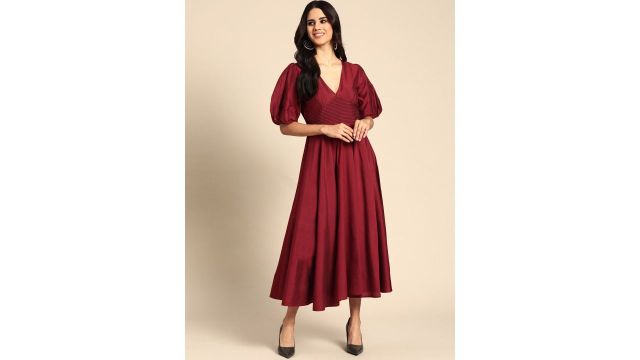 anayna Maroon Solid Puff Sleeves V Neck Embroidered Detail Midi Dress