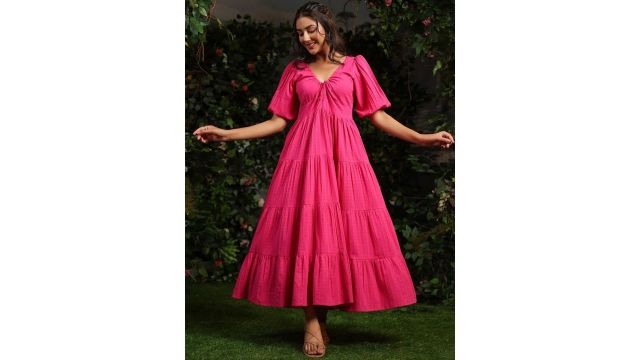 anayna Women Checked Cotton Fit & Flare Maxi Dresses (pink)