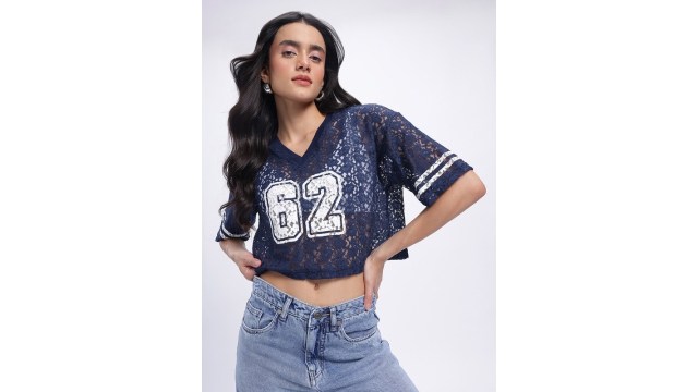 glitchezFloral Drop-Sleeves Varsity Semi-Sheer Lace Crop Boxy Fit Top