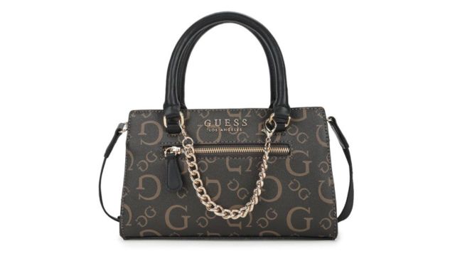 green-and-beige brand logo printed structured handheld bag