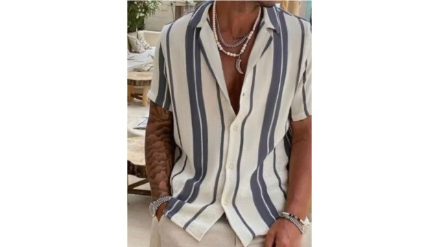2025 Men Spring/Summer Casual Holiday Striped Button-Down Short Sleeve Shirt