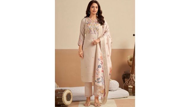 ASILYN Women Cream Embroidered Straight Kurta with Trousers & Printed Dupatta