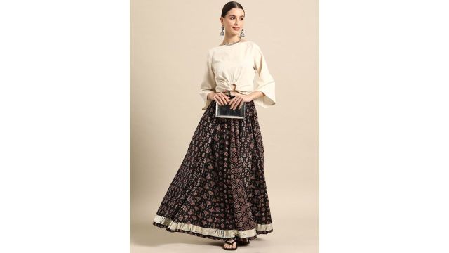 Anayna Women Printed A-Line Flared Cotton Maxi Skirt