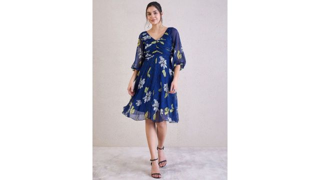Antheaa Women Floral Print V-Neck Puff Sleeves Chiffon Knee Length Empire Dress