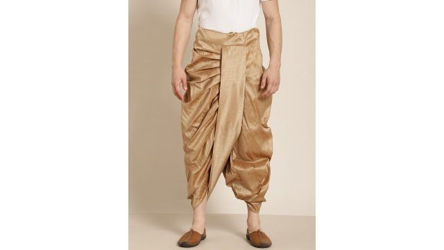 Anug by SOJANYA Men Muted Gold Solid Stitched Dhoti