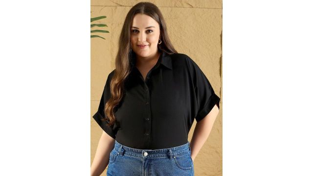Berrylush Curve Plus Size Women Spread Collar Solid Casual Shirt
