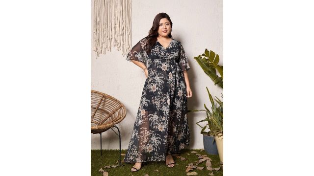Berrylush Curve Women Floral Print Chiffon Empire Midi Dress