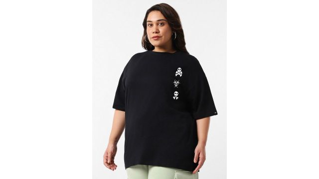 Bewakoof Plus Typography Printed Cotton Drop-Shoulder Sleeves Oversized T-shirt