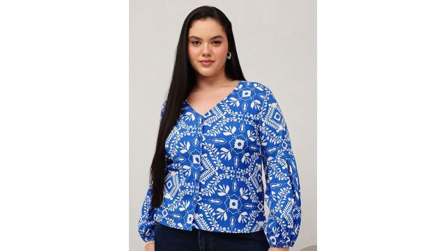CURVY STREET Plus Size Ethnic Motifs Printed Puff Sleeves Pure Cotton Relaxed Fit Shirt