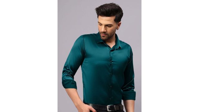 CVC Men Regular Fit Poly Satin Silk Teal Blue Shirt