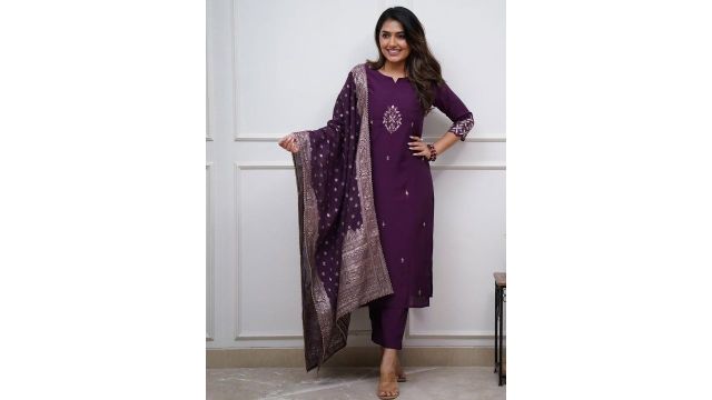 CaniBani Occasional Embroidared Wine Straight Kurta Suit Set