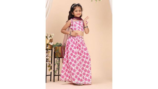 Cutiekins Girls Floral Printed Ready to Wear Cotton Lehenga & Blouse With Dupatta