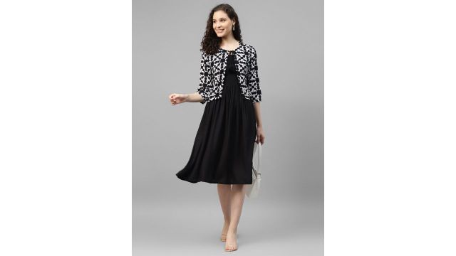 DEEBACO Smocked Shoulder Straps Fit & Flare Dress With Shrug