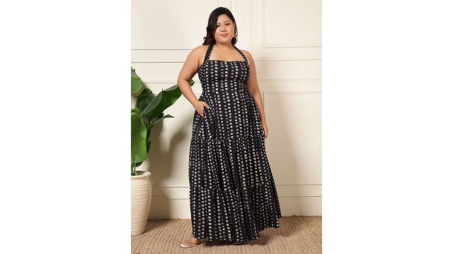 DEEBACO Women Plus Size Polka Dot Print Halter Neck Fit & Flare Dress