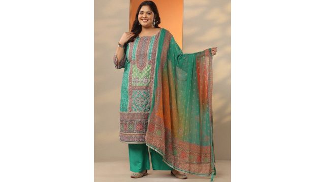 EXTRA LOVE BY LIBAS Plus Size Printed Square Neck Straight Kurta With Palazzos & Dupatta