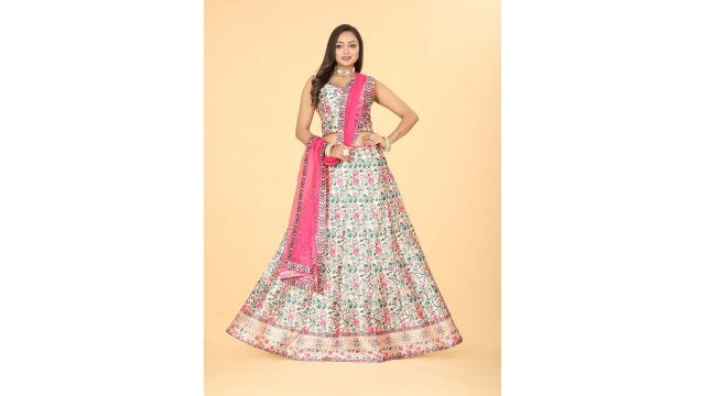 EthnicTree Printed Beads And Stones Silk Ready To Wear Lehenga