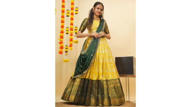 Fabcartz Floral Woven Design Zari Semi-Stitched Lehenga